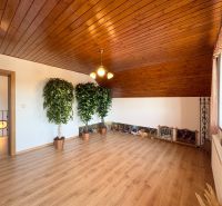 Interior of a family house with a wooden ceiling, a floor with a wooden decor, and plants.