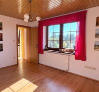 A room in a family house with a wooden decor floor, paintings, and a view of greenery.