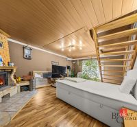 Interior of a family house with a fireplace, staircase, sofa, and wooden decor flooring.