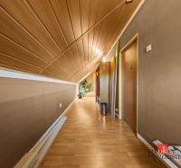 A hallway with a slanted ceiling, a floor with a wooden decor, a plant at the end.