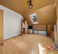 Attic room with wooden decor, skylight, light furniture.