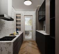 A kitchen in a family house with appliances, a marble countertop, and a floor with a wood decor.