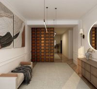 Interior of a family house with wooden decor, light furniture, and decorative accessories.