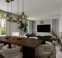 A dining table and comfortable chairs in a family house with a wooden decor floor.