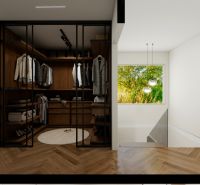 Interior of a family house with a glass wardrobe, window, and floor with wooden decor.
