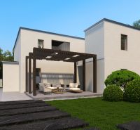 A family house in Holice with a garden and a pergola on the terrace.