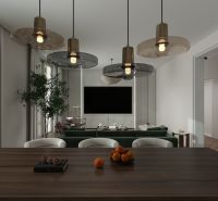 Dining room in a family house with a wooden table, pendant lights, and a view of the living room.