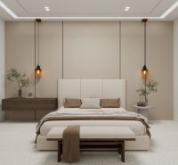 Bedroom with a double bed, hanging lamps, and wooden decor in a family house.