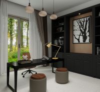 Interior of a family house with a study, a desk, and a large window with a view.