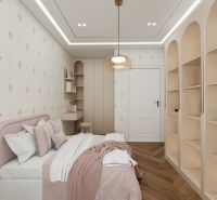A bedroom in a family house with a bed, shelves, and a floor with a wooden decor.