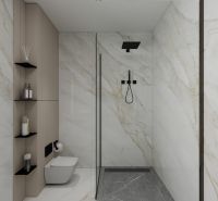 A bathroom in a family house with elegant tiles and a shower enclosure.