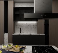 A kitchen in a family house with a marble countertop and dark wood decor.