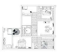 The floor plan of the family house shows three bedrooms, a bathroom, and a kitchen. The floor has a wood decor.