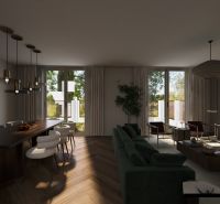 Living room in a family house with a wood-decorated floor and large windows.