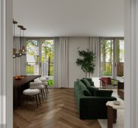 Living room in a family house with a wood-patterned floor and a green couch.