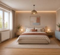 A bedroom in a family house with a wood-patterned floor, light curtains, and plants.