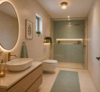 A bathroom in a family house with a shower and an oval mirror.
