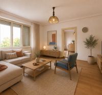 Living room in a family house with a wooden decor floor and comfortable furniture.