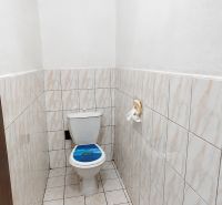 A toilet in a family house with white tiles and a patterned seat.