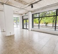 Spacious commercial premises with large glass display windows and tiling.