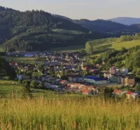 Panorama of Vyšné Ružbachy with surrounding hills and greenery in Special Properties.