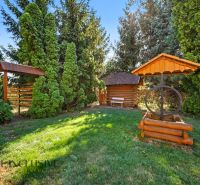 A garden with a wooden well, a gazebo, and a bench, surrounded by greenery near plots in Pezinok.