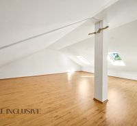 Attic space with a wooden decor floor and skylights suitable for living.
