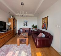Living room in a 3-room apartment with a wooden decor floor, leather sofa, and decorations.