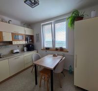 A kitchen in a 3-room apartment with simple furniture and natural decorations.