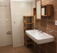 Bathroom in a 2-room apartment with brown tiles and a white sink.