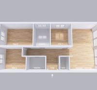 Floor plan of a family house with three rooms and a wooden decor floor.