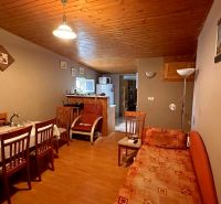 The interior of a cabin with a wooden ceiling, a floor with a wooden decor, and a dining table.
