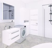 A bathroom in a family house with a shower, a sink, and a washing machine.