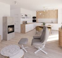 Living room with a fireplace and wood-patterned flooring in a family house.