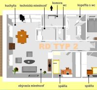 Floor plan of a family house with bedrooms, kitchen, terrace, and utility room.