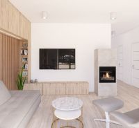 Living room in a family house with a fireplace, television, and wood-patterned flooring.