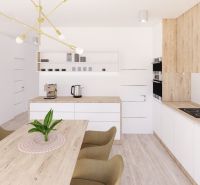 A kitchen in a family house with a fireplace and a floor with a wood decor.