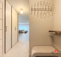 Entrance hall with a wardrobe, hangers, and a sofa in a 4-room apartment.