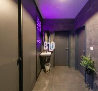 Interior of a gastro space with purple lighting, a sink, and subtle decorations.