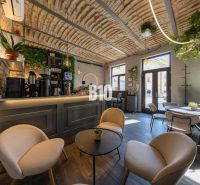 An interior with a bar surrounded by plants, a floor with a wooden decor, comfortable seating.