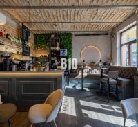Interior of a gastro space with brick walls, a bar, and a wooden decor floor.