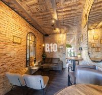 Interior of gastro spaces with brick walls and wooden decor flooring.
