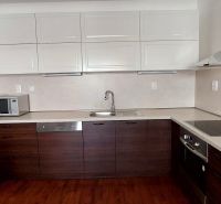 Kitchen with microwave and refrigerator, wooden decor flooring, 3-room apartment.