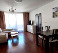 Living room of a three-room apartment with a sofa, dining table, and wood-patterned flooring.