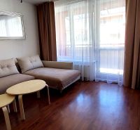 Living room with a sofa, mirror, television, and wooden decor flooring in a three-room apartment.