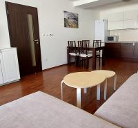 Living room of a three-room apartment with a wooden decor floor, kitchenette, and dining table.