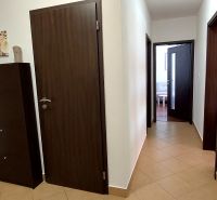 A hallway with entrance doors, room doors, and tiles in a 3-room apartment.