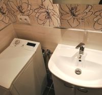 A bathroom in a 3-room apartment with a washing machine, a sink, and floral tiles on the wall.