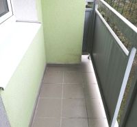 A balcony with tiles in a 3-room apartment with green walls and a view of the trees.