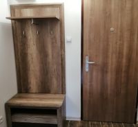 In the entrance hallway of the 3-room apartment, there are doors and a coat rack wall with a wooden decor.